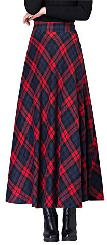 Damen Lange Rock Elegant Wollrock Winterrock Warm Plaid Casual Party Maxirock Hohe Taille A-Linie röcke Retro Elastische Taille Faltenrock Rot 184-XL