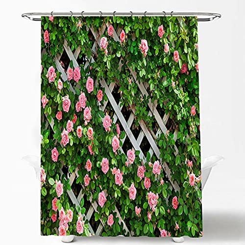 AONIYOU Floral and Green Leaf Shower Curtain Waterproof Polyester Material 3D Backdrop Garden Bathroom Accessories Flowers Fence Scenery Curtains Home Decoration with 12 Hooks (180X180 cm)