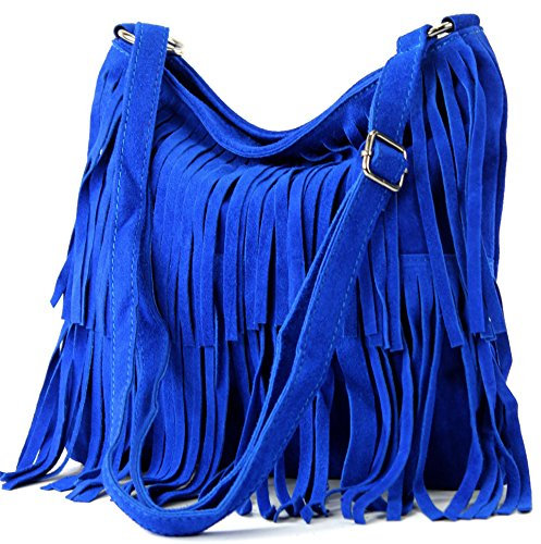 modamoda de T125 Damen Leder Wildleder Schultertasche Umhängetasche handmade in Italy, Farbe:Königsblau2021