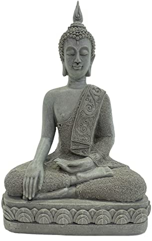 BUSDUGA 2894 Buddha sitzend auf Sockel grau 38cm Statue Feng Shui Steinoptik