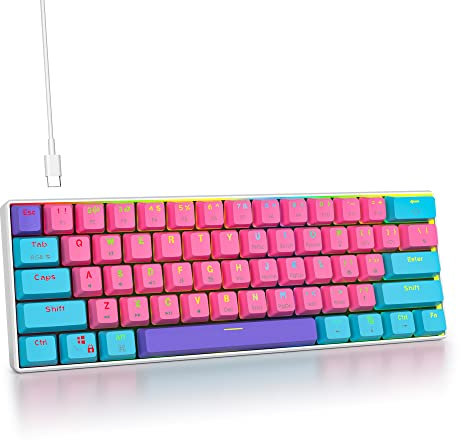 Fogruaden 60% Mechanical Gaming Keyboard, 61 Keys, RGB Backlit, Ultra-Compact, Wired, for Win/Mac PC Gamer, Easy to Carry on Trip (Pink/Red Switch)