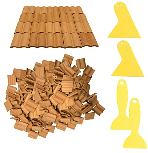 Cayway 300 PCS Mini Red Roof Tiles Set, Red Miniature Tiles with Scraper, Roof Tiles Fake Tiles Model Landscape Accessories Dollhouse Fake Tiles for DIY Dollhouse Bricks Diorama Fairy