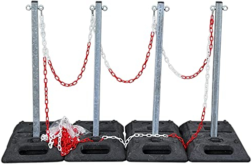UvV Profi X40 Kettenpfosten Stahl 40 kg Set 4 x 1m x 40/40 Stahlpfosten + 15 kg schwere Fußplatte + 12,5m Absperrkette (Set B 4 Pfosten verzinkt)