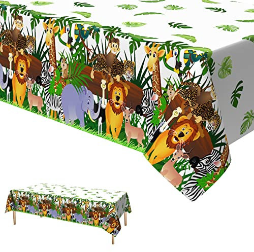 Xinvery Safari Dschungel Tischdecke Geburtstag, Dschungel Tier Party Tischdecke Urwald Safari Tiere Tischdecke Plastik Wasserdicht für Geburtstag Wild One Baby Party Deko 137 x 274cm