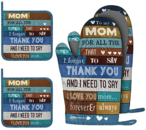 Boulda Ofenhandschuhe, Geschenk für Mama, Ofenhandschuhe und Topflappen, 4-teiliges Set für meine Mutter, hitzebeständig, Ofenhandschuhe, Baumwollfutter, Backen, Küchendekoration