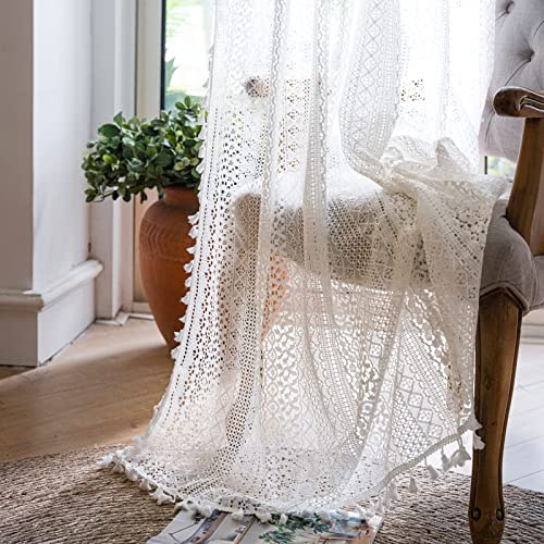 WAZZIO WZ-02WHT-84 Vorhänge, Boho, Häkelspitze, durchscheinend, Vintage, viktorianische Baumwolle, Lichtfiltervorhang, 213,4 cm lang, Bohemian-Dekor-Vorhänge, Wohnzimmer, 2 Bahnen, 149,9 x 213,4 cm, 2