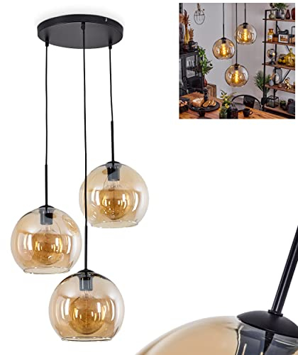 Hängeleuchte Koyoto, runde Hängelampe aus Metall/Glas in Schwarz/Bernsteinfarben, Leuchte 3-flammig im Vintage/Retro Design mit Schirmen aus Glas (Ø 25 cm), Höhe max. 146,5 cm, E27, ohne Leuchtmittel