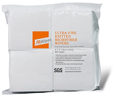 AAwipes Cleanroom Lot de 400 lingettes en microfibre superfines tricotées 10,2 x 10,2 cm (180 g/m², polyester-polyamide) non pelucheuses pour fibre optique, bords scellés au laser, chiffons classe 100