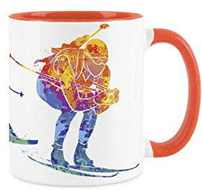 Purely Home Skiing Mug - Sports Mug Abstract Paint Effect - Orange Mug Coffee/Tea Gift for Sports Lovers