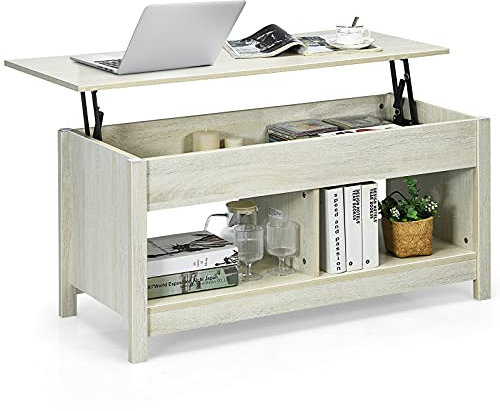 COSTWAY Couchtisch höhenverstellbar, Sofatisch Beistelltisch mit Ablagefach, Sofatisch aus Holz, Kaffeetisch Teetisch für Wohnzimmer Balkon Flur (Weiß)