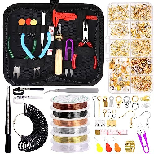 Swpeet 949Pcs Jewelry Making Supplies Kit mit Schmuck machen Werkzeuge, 3 Art Schmuck Zange, 6 Farben Schmuck Drähte und 20 Styles Jewelry Findings, mit Ring Sizer Messwerkzeuge Ahle Pinzette Schere
