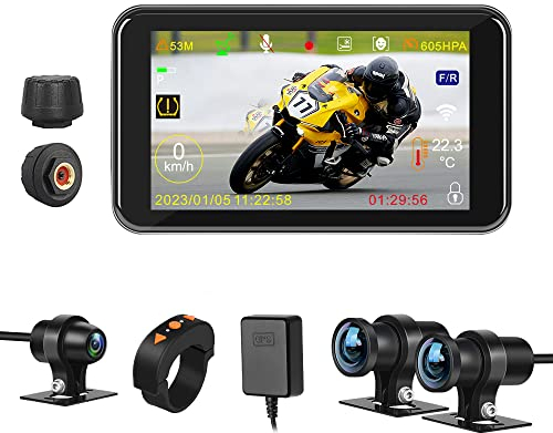 VSYSTO Motorrad DashCam, 4.5 Zoll LCD Bildschirm 170 ° Weitwinkel, 1080P Doppellinse Vordere und hintere Motorrad Kamera, WiFi wasserdichte Sportkamera mit GPS Nachtsicht