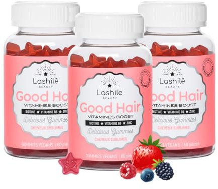 Lashilé Beauty - Good Hair Vitamins - Pousse Croissance & Fortification des cheveux - Compléments Alimentaires - Made in France - Biotine, Zinc, Vitamine B8, C, B6 - Cure 3 mois - 180 Gummies