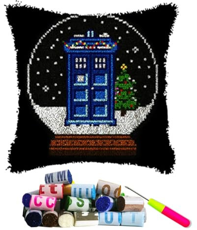DL-YTG Latch Hook Kits Pillow Christmas Tree Crochet Yarn Cushion Colour Pre-Printed Canvas Rug Needlework DIY Pillowcase Hook and Latch Kit Home Arts Crafts Sofa Decoration 42x42cm/17 X17