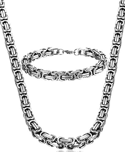 Diamday Königskette Silber Herren Edelstahl 8mm Breite Halskette Armband für Herren Männer Platten Kette Dicke Schwere Königskette Armband Punk Kette Schmuck Set