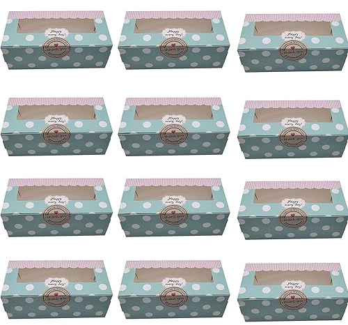 SECALIFE 2 Holes Cupcake Box, 12 Pieces Cupcake Boxes with Window Including Stickers, Cupcake Box for Carrying Displaying Tasty Muffins, Cupcakes, Fairy Cakes, Treats, Cookies