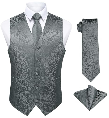 Enlision Herren Weste Grau Paisley Floral Jacquard Weste mit Krawatte und Einstecktuch Taschentuch Weste Anzug Set Hochzeit,XL