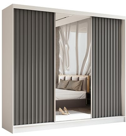 Margaret Hadas24 Kleiderschrank Erika mit Lamellen und Spiegel, Organizer, Mehrzweckschrank, Schwebetürenschrank, Garderobenschrank, Kleiderstange, Kleiderständer, Flurschrank, 240 cm, weiß, grau,