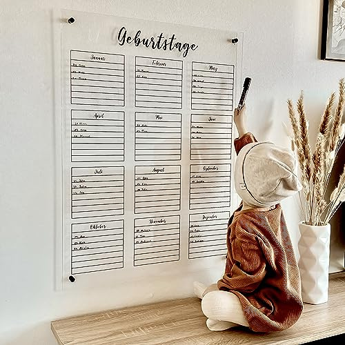 Wunsch Kalender - personalisierter Wandkalender - Geburtstagskalender - wiederverwendbarer Kalender aus Acrylglas - Familienplaner abwischbar - Hingucker für jeden Raum