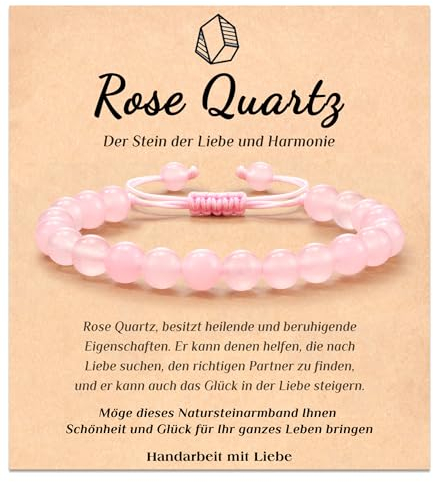 POWWA Rosenquarz-Armband, Armband aus natürlichem Edelstein für Frauen und Teenager-Mädchen, Schmuck für Gesundheit, Wohlstand und Energie