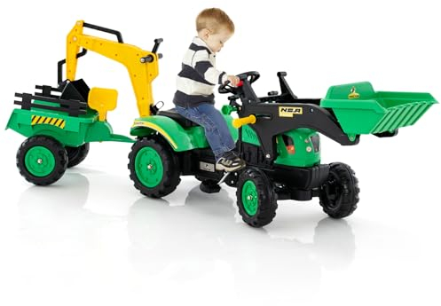 COSTWAY Tractor Pedales 3 en 1 para Niños, Topadora de Juguete con 6 Ruedas, Excavadora de Conducción con Pedales, Remolque de Carga Desmontable, Coche para Niños de 3 a 6 Años (Verde)