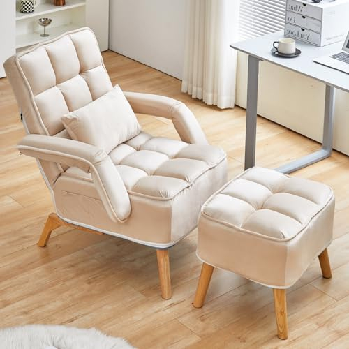 CLIPOP Relaxsessel mit Hocker Lesesessel mit Extra Dick Gepolsterter Lehnstühle Liegesessel Fernsehsessel Ohrensessel (Samt, Beige)