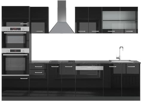 Vicco Küchenzeile R-Line, Schwarz Hochglanz/Anthrazit, 300 cm mit Hochschrank, ohne Arbeitsplatte