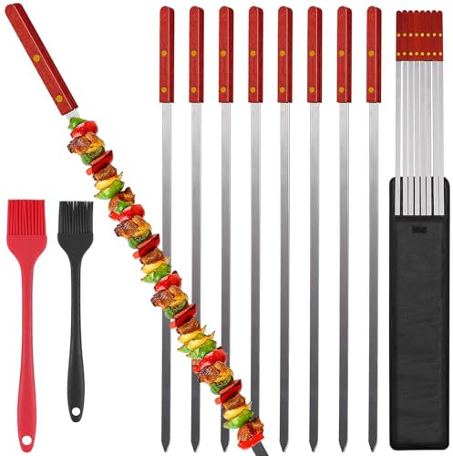 Fengzhe Spiedini per kebab, 58 cm di lunghezza x 1,3 cm di larghezza, spiedini per barbecue in acciaio inox con manico in legno per shish kebab, barbecue turco, koubideh, barbecue brasiliano, durevoli