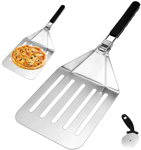 QINERSAW Pelle à Pizza Pliable 30.5 * 20.5cm Acier Spatule pour Four à Pizza Pelle Pizza Inox Spatule Pizza Professionnelle Pelle à Pizza Aluminium avec 1 Roulette à Pizza pour Tartes Pizzas