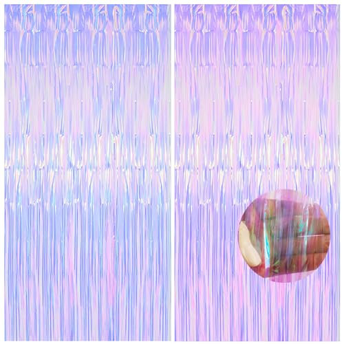 2pcs Holographic Purple Glitter Tinsel Curtain Backdrop, 1 * 2m Foil Fringe for Girls Unicorn Mermaid Fairy Princess Party Décor