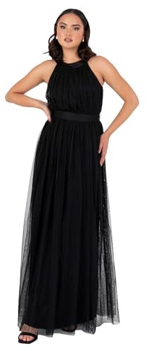 Anaya with Love Damen Ladies Maxi Dress for Women Halter Neck Long Sleeveless Belt A Line Evening Gown Ball Prom Wedding Guest Bridesmaid Kleid, Schwarz, 50 EU