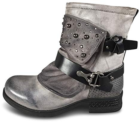Pogolino Stivaletti da donna con borchie da motociclista con chiusura lampo, piatti e comodi ST016, St94 grigio, 38 EU