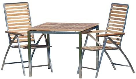 ALEOS. Gartengarnitur Edelstahl Teak Set: Tisch 90x90 cm + 2 Teak-Edelstahl Hochlehner, Sitzgruppe A-Grade Teak Holz - Gartenmöbel Set 2 Personen Gastronomie Qualität