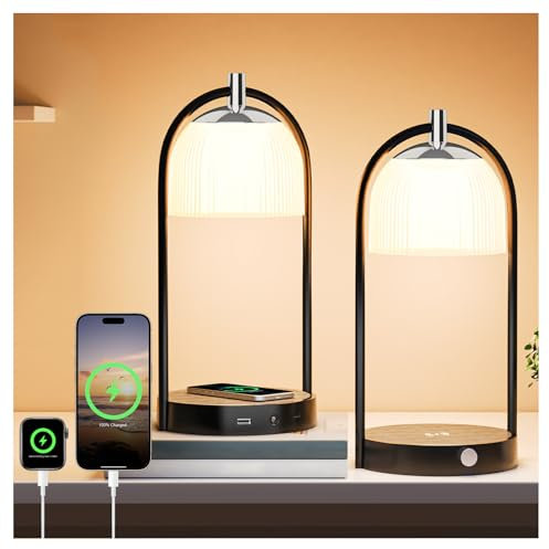 Feallive Dimmbare Nachttischlampe 2er Set, Dimmbar Nachtlicht 15W Wireless Charger, Tischlampe mit USB A+C Ladeanschlüssen Lampe für Schlafzimmer Wohnzimmer Büro
