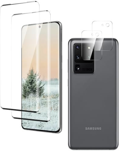 Verre Trempé pour Samsung Galaxy S20 Ultra, Film de Protection d' écran Anti-Rayures, Écran de Protection Anti-Empreintes, 2 Pièces Trempé pour + 2 Pièces Caméra Protection écran