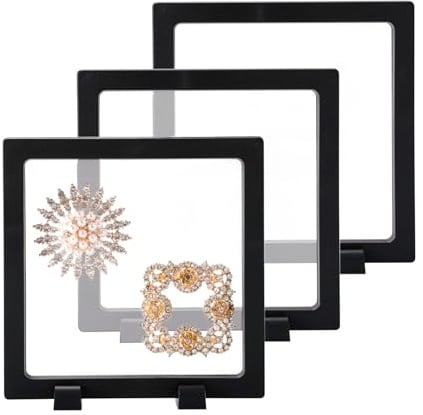 CAIYA 3 Stück Schweberahmen Displayrahmen Transparenter Münzen Display Rahmen mit Basis Schwimmenden Schmuck Box für Schmuck, Medaillen, Münzen, Halskette, Ring, Specimens (14 X 14 cm, Schwarz)