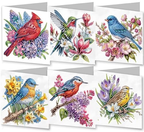 CXINLky 5D DIY Diamond Art Painting Karten Ostern, 2025 Neuheiten Diamond Art Painting Karten, 6 Stuck Diamond Art Karten Geburtstag, Osternkarte Feiertags für Familie,Freunde-17-Blumenvogel
