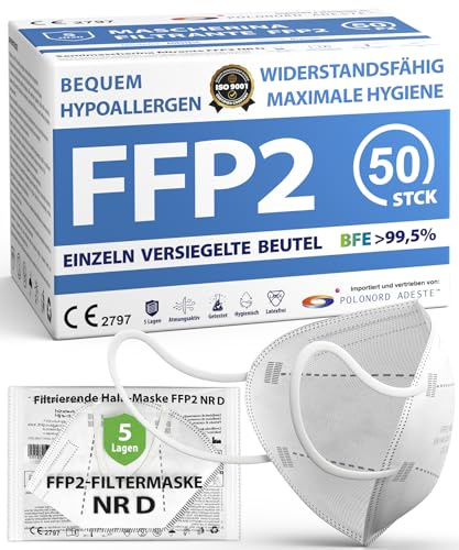 ADESTE – 50 Mascherine FFP2 Bianche Certificate CE, Filiera controllata, anallergiche, con elastici comodi e resistenti. Sicura: capacità filtrante >99,5%, Buste singole sigillate
