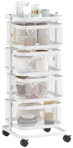 HOMCOM Resserre 4 Paniers Rotatifs sur Roues Étagère en Fil d'acier Blanc | Chariot de Rangement de Cuisine, Panier à Légumes et Fruits avec Plateau Supérieur, pour Cuisine Salon et Chambre