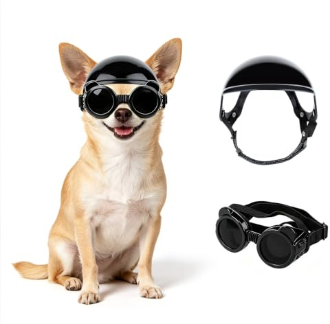 Enjoying Casque pour Petit Chien, Chihuahua avec Lunettes XS, Protection UV, Casque pour Chat avec Trous d'oreille, Bonnet pour Chien et Lunettes de Soleil pour protéger Les Yeux, Noir, XS