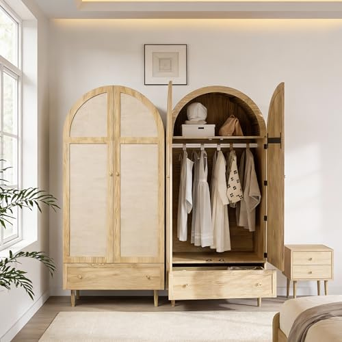 Yihomfy Armoire De Chambre, Armoire en Rotin à 2 Portes avec Grand Tiroir, éTagèRes RéGlables en Hauteur Et Tringle à VêTements, Anti-Basculement 175 X 80 X 50Cm, Chêne