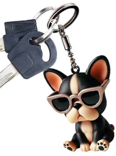 Schlüsselanhänger mit französischer Bulldogge, 3D-Anhänger für Hundeliebhaber mit stabilem Acrylring, leichte 7,5 cm handgefertigte Figur mit Metall-Schlüsselanhänger, perfekt für Schlüsseltaschen
