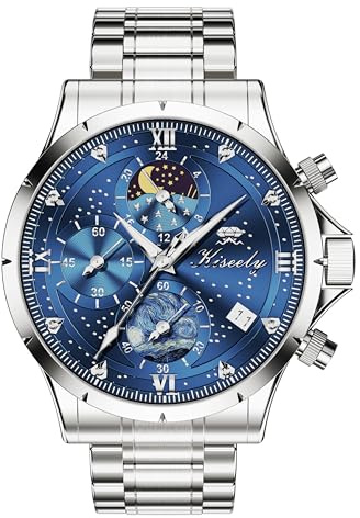 Kiseely Uhren Herren Edelstahl Armbanduhr Chronograph Quarz Herrenuhr Große, Mondphase Analog Quarz Armbanduhren Stylisch Klassisch Armbanduhr Mit Datum (Blauer Edelstahl K1)