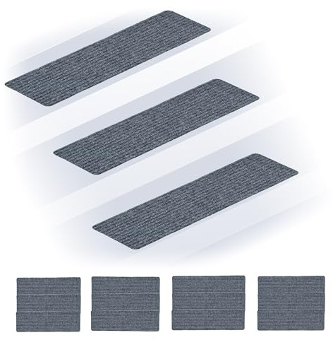 Relaxdays Stufenmatten 16er Set, rechteckige Treppenstufenmatten, 65 x 20 cm, selbsthaftende Treppenteppiche, hellgrau
