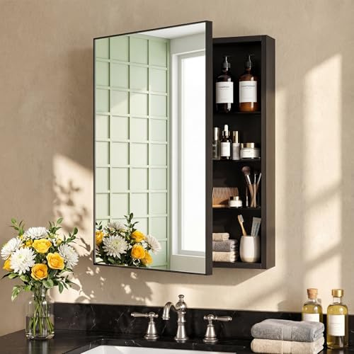 LDarqeer Bathroom Mirror Cabinet With 3 Adjustable Tempered Glass Shelves,50 x 75 cm Matte Black Metal Wall Mounted Bathroom Cabinet, Surface Mount Bathroom Storage Cabinet With HD Mirror, Mirror Unit