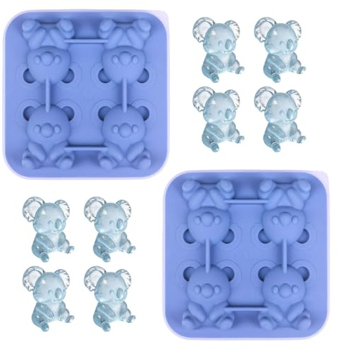 Koala Eiswürfelform Silikon, 2 Stück 4 Gitter Koala Eiswürfel mit Deckel und Trichter, Tiermotiv Eiswürfelschale für Cocktails, Whiskey, Party, BBQ, Backen