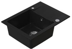 HOMEVELLO Spülbecken MIXA Einbecken Granitspüle 58x44x19,8cm Schwarz, Hochwertige Küchenspüle mit Siphon, Abtropffläche, Pflegeleicht, Kratzfest, Moderne Design, Perfekt für jede Küche