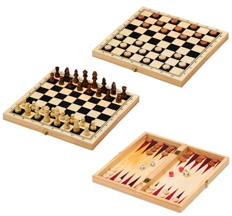 Toyrific 3 in 1 Wooden Board Game Set, Chess Draughts Backgammon Family Games