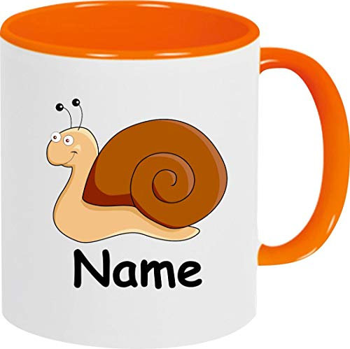 Shirtinstyle Kindertasse, Teetasse, Tasse, Schnecke mit Wunschnamen, Wunschtext, Spruch, Kinder, Tiere, Natur, Kaffeetasse, Pott, Becher, Farbe orange