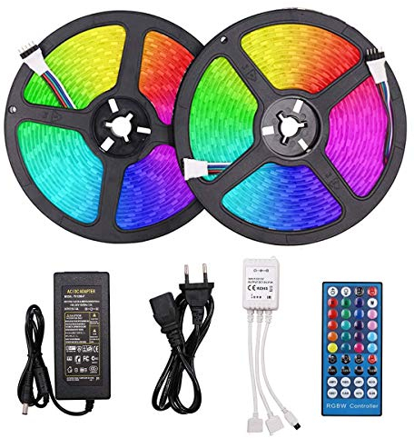 XUNATA LED Streifen Kit, 10m LED Lichtband RGBWW 5050 600Leds Wasserdicht LED Strip mit 40 Tasten IR Fernbedienung 12V DC Netzteil für Weihnachten Küche Party Auto Deko (RGB+Warmweiß)